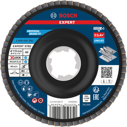 Lamelový kotouč Bosch EXPERT X782 115 mm G40 X-Lock pro dlouhou životnost.